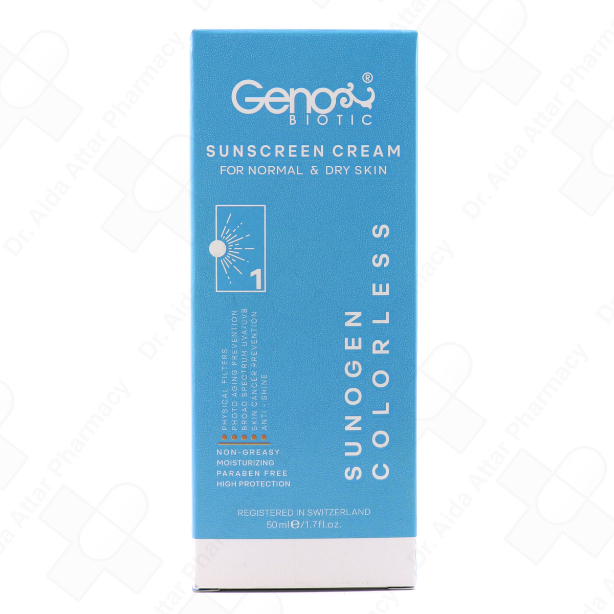 3864-1.jpg کرم ضد آفتاب پوست خشک ژنوبایوتیک SPF50 حجم 50 گرم - Image 1