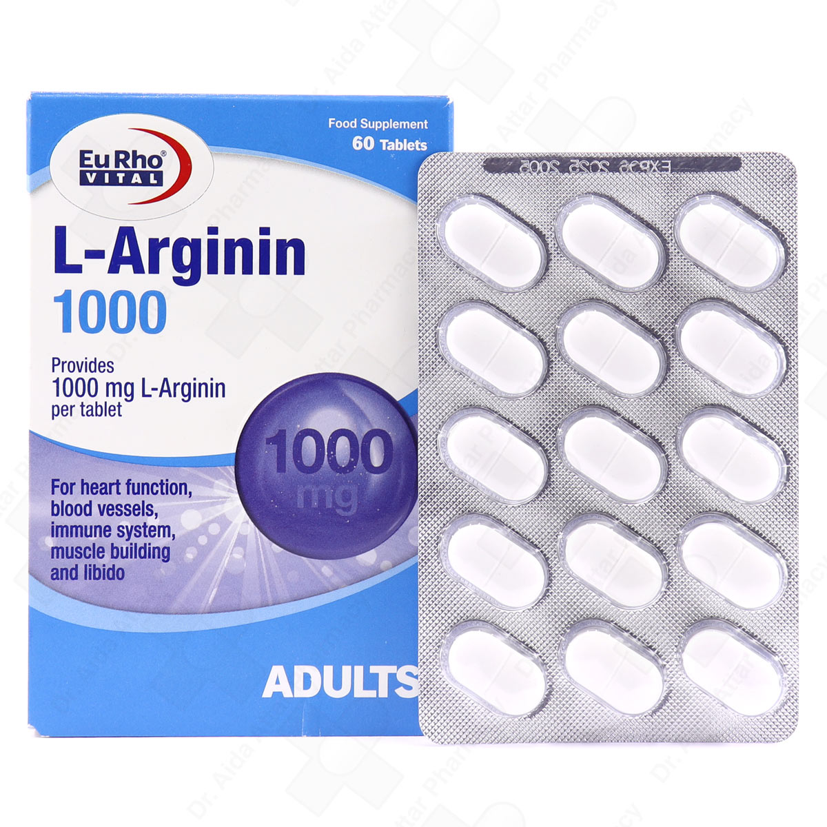قرص-ال-آرژنین.jpg قرص ال آرژنین 1000 میلی گرم یوروویتال 60عددی - Image 1